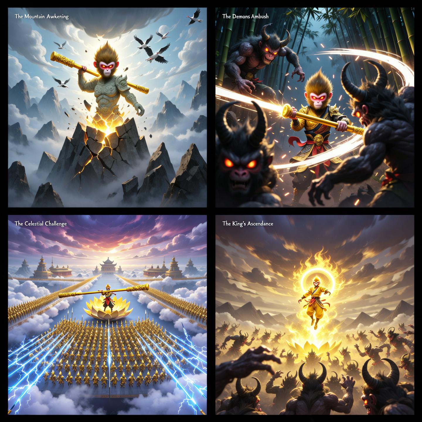 Scene 1 – The Mountain Awakening
High atop a mist-shrouded mountain, an ancient stone statue of a monkey cracks open as golden light bursts forth. The Monkey King emerges, staff in hand, fur bristling with divine energy, eyes glowing with fire. Vast landscape of jagged peaks, swirling clouds, and flying cranes, cinematic wide shot, mythic and majestic.
Scene 2 – The Demons’ Ambush
In a bamboo forest lit by moonlight, monstrous demons with twisted horns and glowing eyes leap from the shadows. The Monkey King spins his golden staff, creating arcs of blazing light that cut through the darkness. Dynamic combat scene, cinematic motion, sparks and energy bursting in midair.
Scene 3 – The Celestial Challenge
On a heavenly battlefield above the clouds, celestial soldiers clad in golden armor march in formation, their spears glowing like lightning. The Monkey King, defiant and fearless, faces them atop a floating lotus platform, his staff growing to a colossal size. Epic scale, divine architecture in the background, thunder and fire in the skies.
Scene 4 – The King’s Ascendance
After the battle, the Monkey King rises above the battlefield, fur ablaze with golden flames, staff glowing like a pillar of the sun. A halo of divine light surrounds him as the heavens tremble. Cinematic climax, overwhelming mythic power, ultra-detailed, radiant and transcendent.
