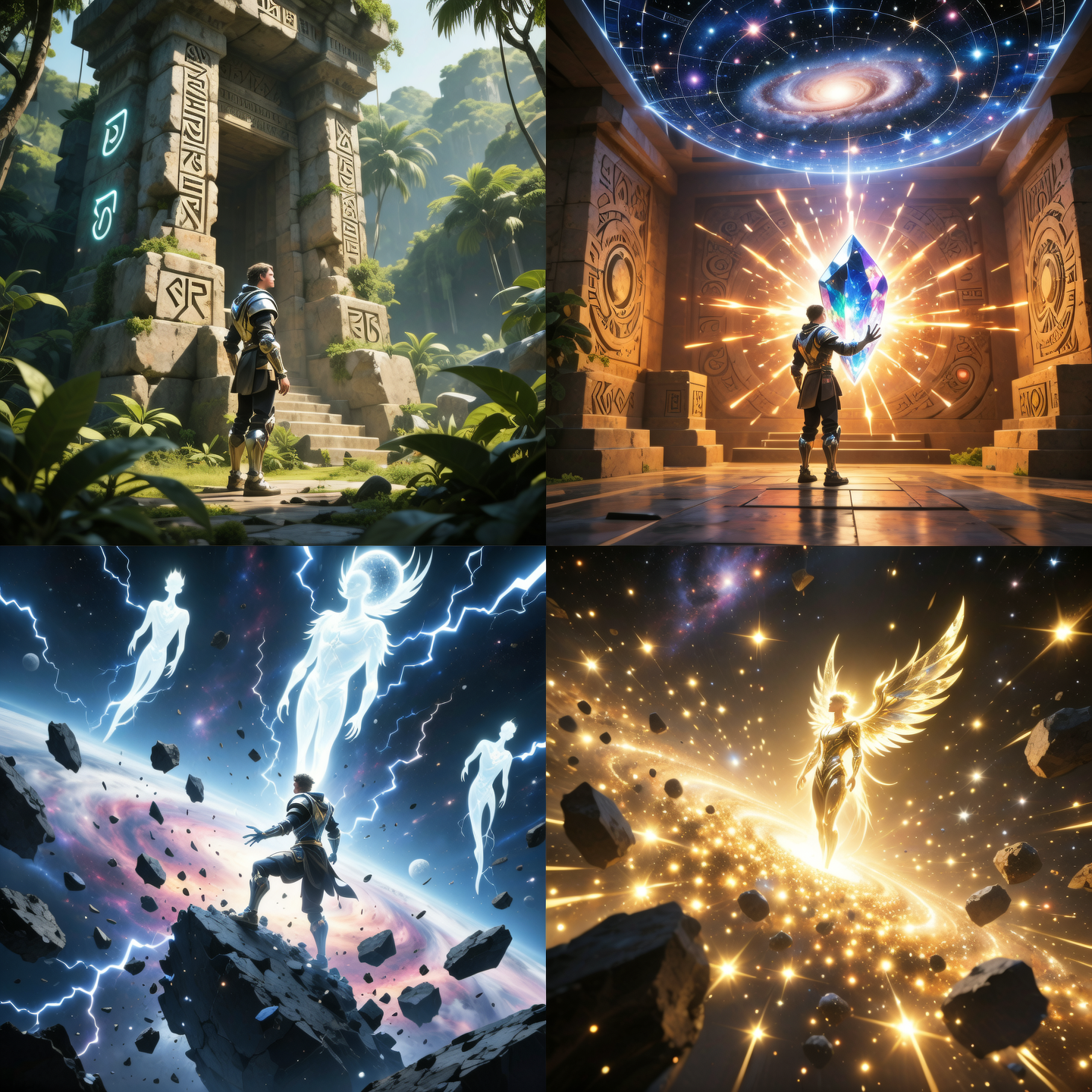 Scene 1 – The Forgotten Temple
In a dense jungle lit by shafts of golden sunlight, an ancient stone temple lies half-buried in vines and moss. Strange glowing symbols flicker faintly across the stone, pulsing like a heartbeat. A lone explorer in futuristic armor approaches cautiously, their figure dwarfed by the monumental structure. Wide cinematic shot, rich detail, suspenseful atmosphere.
Scene 2 – The Awakening
Inside the temple’s heart, the explorer touches a crystalline relic set in a pedestal. Instantly, beams of radiant light erupt from the walls, and the temple begins to shift, stones floating into the air. A massive holographic star map unfolds, showing countless galaxies swirling in motion. Close dramatic shot, brilliant cosmic colors, sense of awe and revelation.
Scene 3 – The Trial of Light
The star map opens into a portal, pulling the explorer into a vast cosmic arena made of floating fragments of worlds. Colossal guardians of light and shadow emerge, circling the explorer like living constellations. The hero battles through swirling storms of energy and collapsing platforms. Wide dynamic shot, surreal scale, epic tension, cosmic grandeur.
Scene 4 – The Ascension
Victorious, the explorer floats at the center of the arena as the guardians dissolve into radiant energy, merging with their body. They transform into a luminous being, wings of starlight unfolding as they gaze upon a newborn galaxy forming before them. Cinematic final shot, breathtaking, transcendent, overwhelming beauty of creation.
