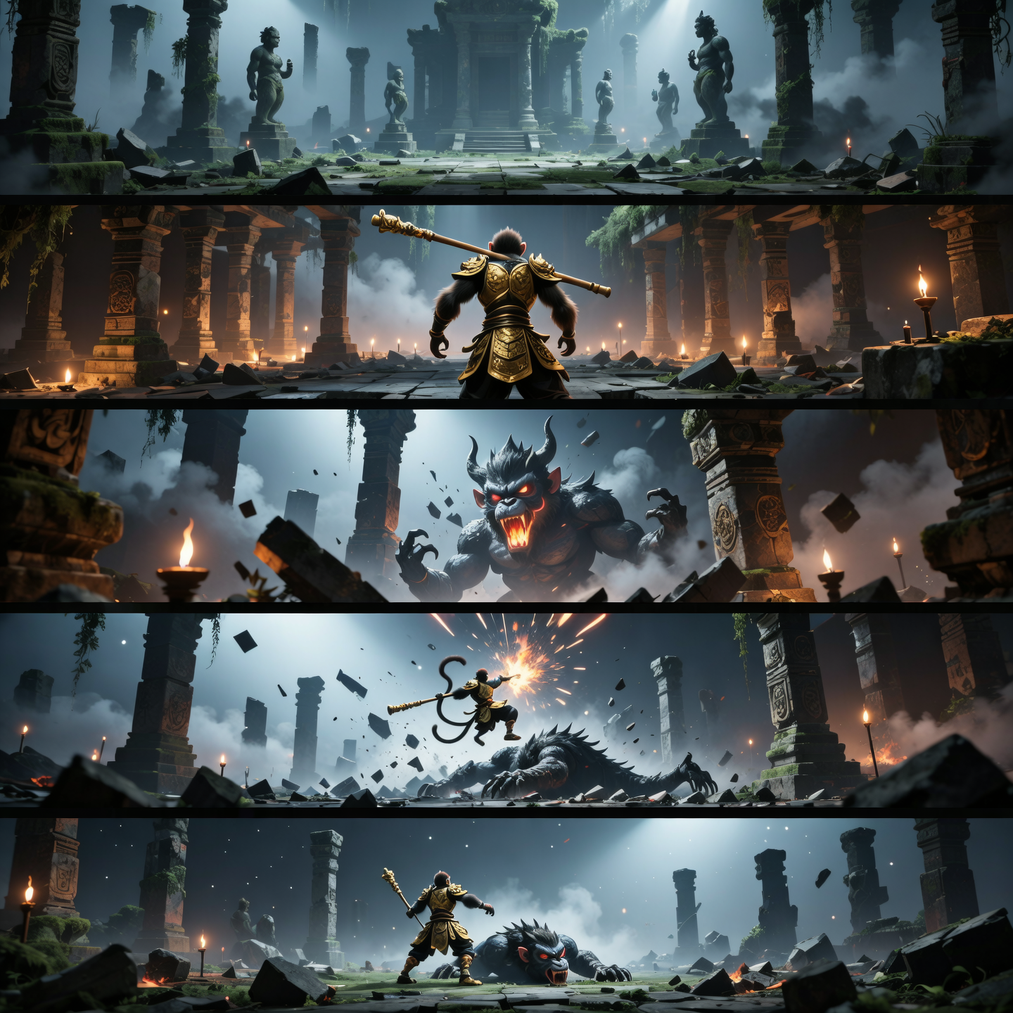 Frame 1 – The Misty Temple
Prompt:
“A ruined ancient temple hidden in a foggy forest, moonlight filtering through broken stone pillars, giant statues half-buried in moss. Dark and mystical atmosphere, cinematic wide shot.”
Frame 2 – The Warrior Appears
Prompt:
“Over-the-shoulder shot of a monkey warrior with golden eyes and fur, wearing battle-worn armor, holding a heavy staff across his back. The temple ruins glow faintly with candlelight, mist swirling around his silhouette, dramatic lighting.”
Frame 3 – The Demon Awakens
Prompt:
“Low-angle shot of a colossal demon beast emerging from rubble, black scales glistening with crimson glow, tusks dripping firelight. Debris falling, dust clouds rising, cinematic epic fantasy scene.”
Frame 4 – Clash of Power
Prompt:
“Slow-motion cinematic shot of the monkey warrior leaping with staff raised, striking against the demon’s horn. Sparks, shockwaves, temple walls cracking. Wide IMAX style composition, dynamic action freeze.”
Frame 5 – Final Victory
Prompt:
“Cinematic wide shot: the monkey warrior standing on the fallen demon’s body, staff planted firmly, moonlight shining on his golden eyes. Broken temple pillars frame the scene, mist and blood on the ground, epic dark fantasy style.”