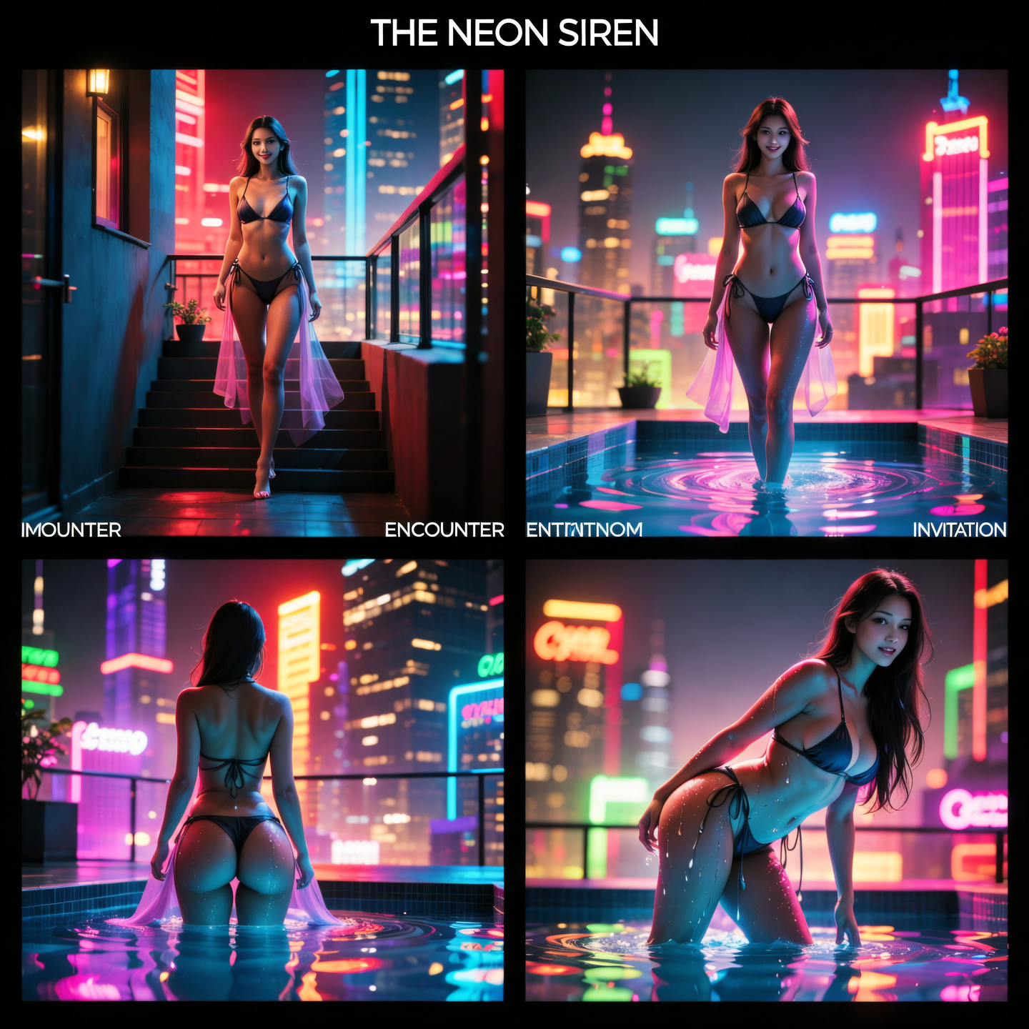 Scene 1 – The Encounter
On a rooftop lounge under the neon-lit skyline, a woman in a dark, elegant bikini with sheer silk drapes appears from the shadows. Her eyes glimmer beneath the city lights as she locks gaze with the viewer, her pose confident and alluring. The air is heavy with mystery, cinematic noir mood.
Scene 2 – The Invitation
She walks slowly along the glowing edge of an infinity pool, neon reflections rippling in the water. Each step is deliberate, her silhouette outlined by the shifting city lights. She looks over her shoulder with a half-smile, as if daring the viewer to follow. Sensual, cinematic, magnetic tension.
Scene 3 – The Seduction
In the water now, her figure moves gracefully, surrounded by swirling reflections of crimson and violet neon. Droplets sparkle across her skin as she leans closer, her expression both inviting and dangerous, as if she hides a secret beneath the beauty. Intimate, hypnotic, charged with tension.
Scene 4 – The Revelation
At midnight’s peak, she rises from the pool, water cascading like liquid diamonds. Behind her, the city lights distort and flare, almost surreal, as if reality itself bends around her. She stands tall, radiant yet untouchable—more than a woman, a siren of the night. Final wide shot, seductive, mysterious, unforgettable.