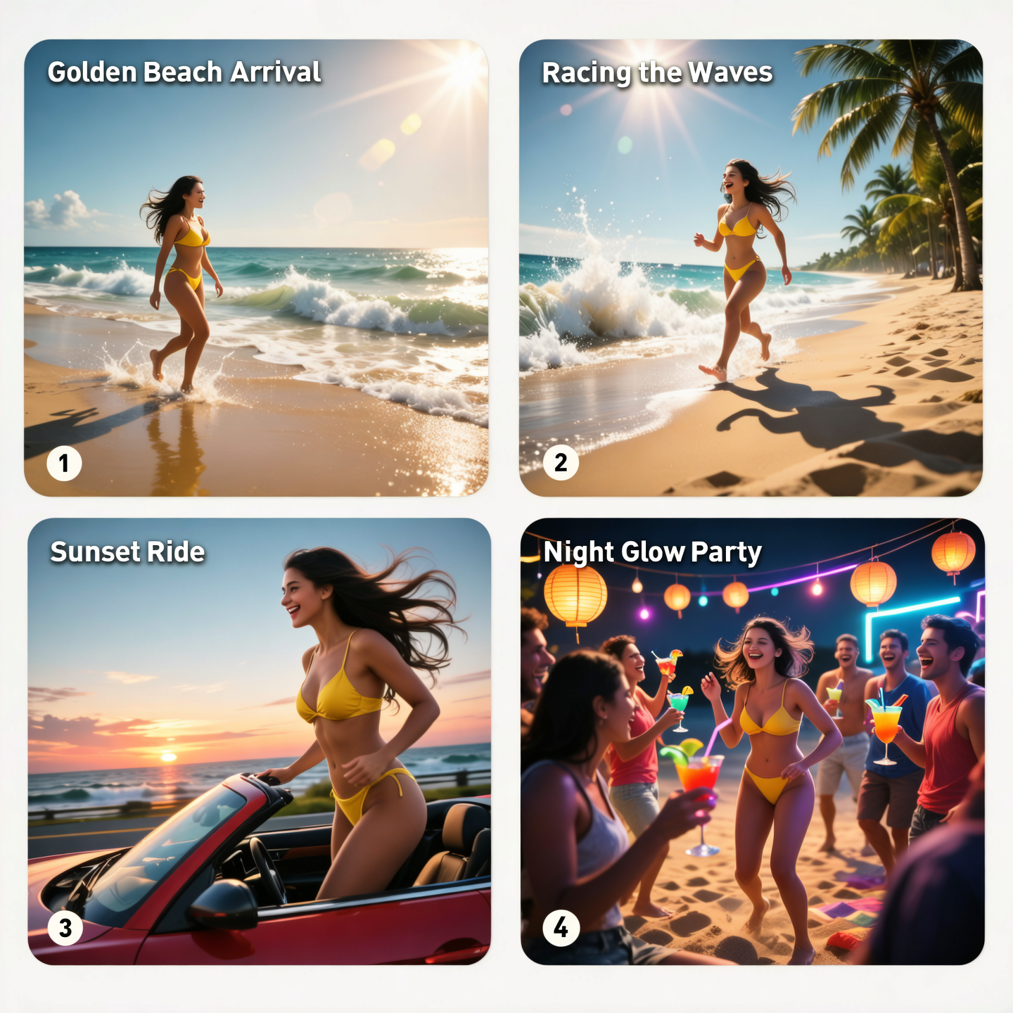 Summer Heatwave – 4-Scene Storyboard
Frame 1 – Golden Beach Arrival
Prompt:
“Cinematic wide shot: a sunlit tropical beach with turquoise waves, palm trees swaying, golden sand glowing in the afternoon sun. A stylish young woman in a bright bikini walks toward the shore, her silhouette outlined by the sunlight.”
Frame 2 – Racing the Waves
Prompt:
“Tracking side shot: the bikini woman runs joyfully along the shoreline, splashing water as waves crash behind her. Bright lens flare, playful energy, cinematic slow motion effect.”
Frame 3 – Sunset Ride
Prompt:
“Dynamic cinematic shot: the woman riding a red convertible along a coastal highway, hair flowing in the wind, ocean waves glimmering beside her. The sky burns orange and pink with sunset.”
Frame 4 – Night Glow Party
Prompt:
“Cinematic overhead shot: the beach at night, glowing lanterns and neon lights, the woman dancing barefoot in the sand surrounded by friends, laughter, tropical cocktails in hand, vibrant colors and festive atmosphere.”